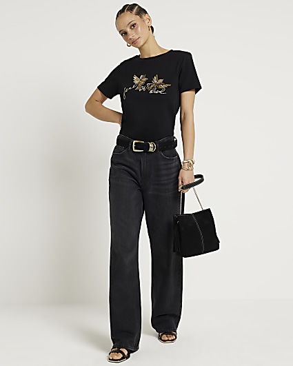 Black sequin embroidered t-shirt