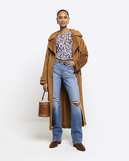 Brown suedette belted trench coat