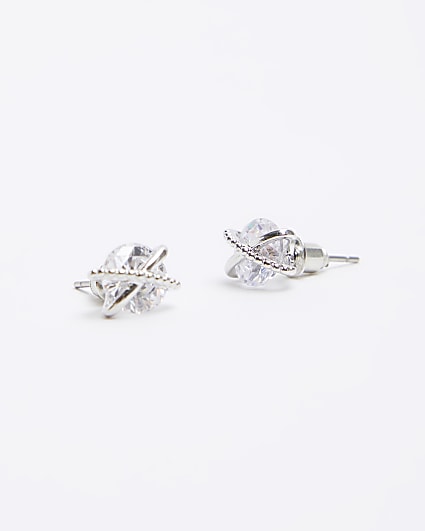 Silver diamante crossed stud earrings