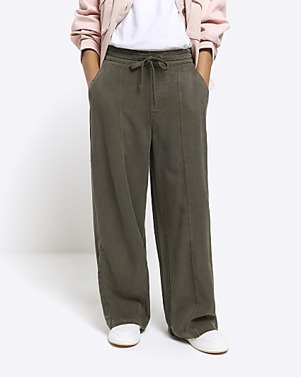 Petite khaki wide leg lyocell trousers