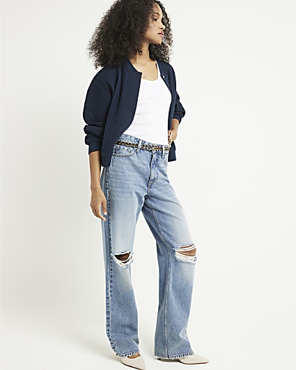 Blue high waisted relaxed straight rip jeans