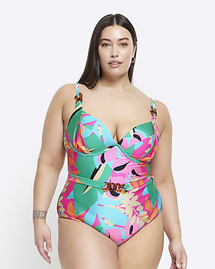 Plus purple abstract belted swimsuit