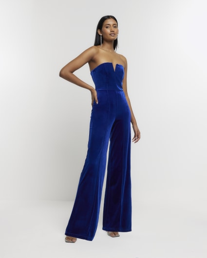 Blue velvet bandeau jumpsuit