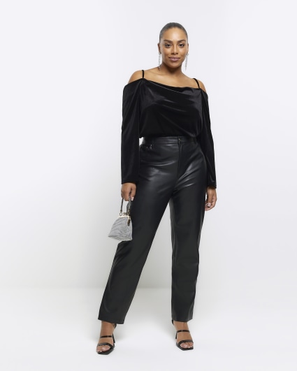 Plus black velvet cold shoulder top