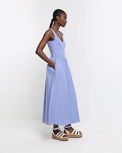 Blue linen blend skater midi dress