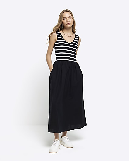 Black linen blend stripe skater midi dress