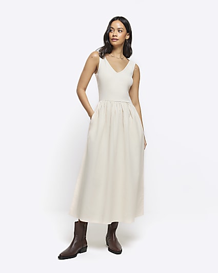 Cream linen blend skater midi dress