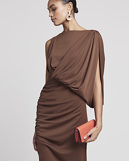 Brown drape bodycon midi dress