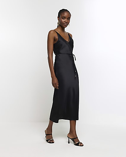 Black satin strap slip midi dress