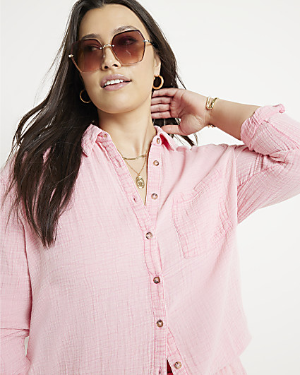 Plus pink textured long sleeve shirt