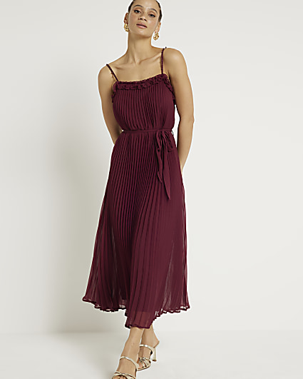 Red pleated pearl midi dress