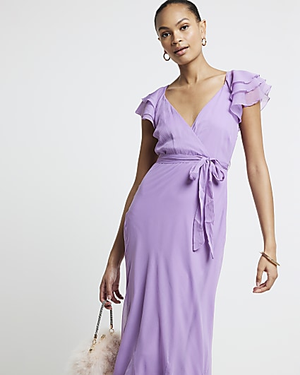 Purple chiffon belted swing maxi dress