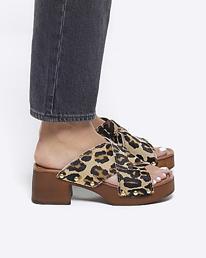 Brown leopard studded clog sandals