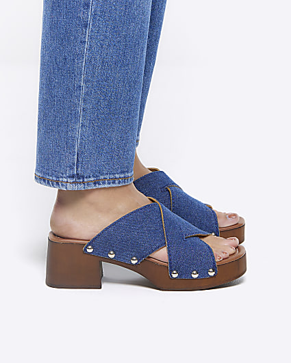 Blue denim studded clog sandals