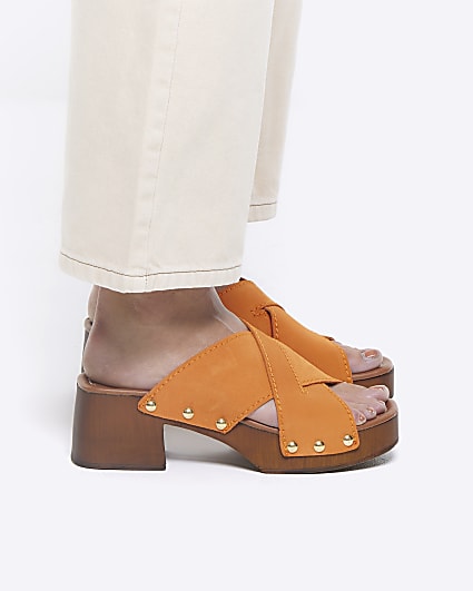 Orange suede studded clog sandals