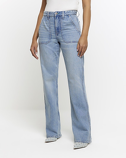 Blue relaxed straight cargo jeans