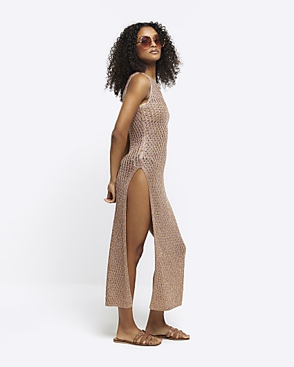 Rose gold crochet glitter bodycon maxi dress