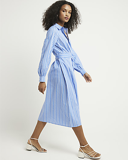 Blue balloon stripe midi shirt dress