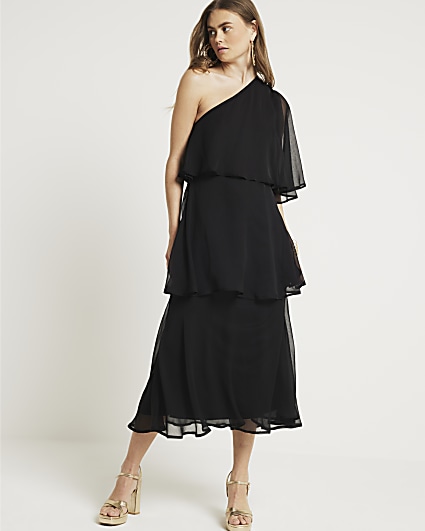Black one shoulder layered slip midi dress