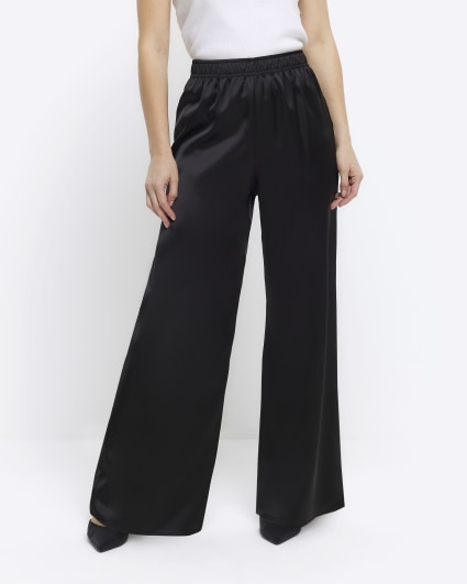 Petite black satin wide leg trousers