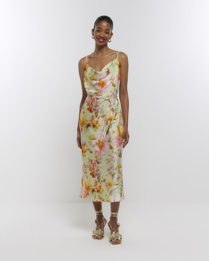 Green satin floral cowl neck slip midi dress