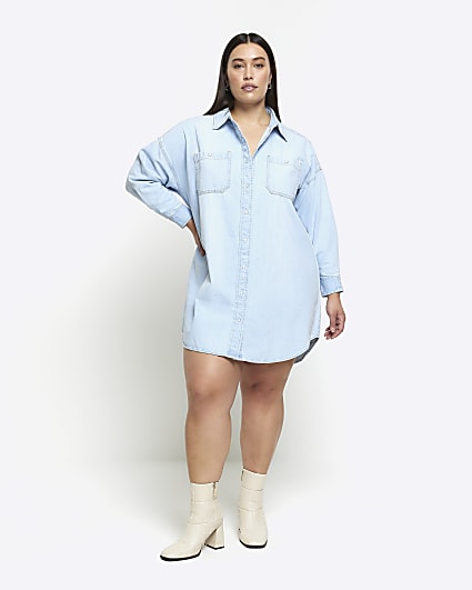 Plus blue denim oversized mini shirt dress