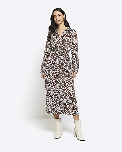 Brown floral belted midi shirt dress