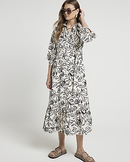 White floral belted midi shirt dress