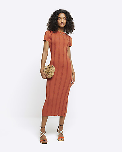 Rust knit ribbed bodycon midi dress