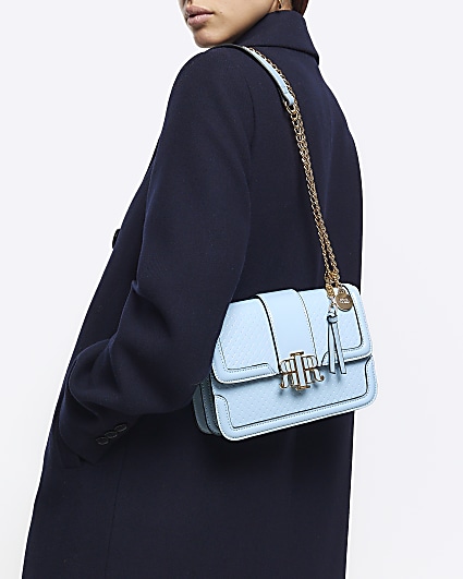 Blue embossed woven satchel bag
