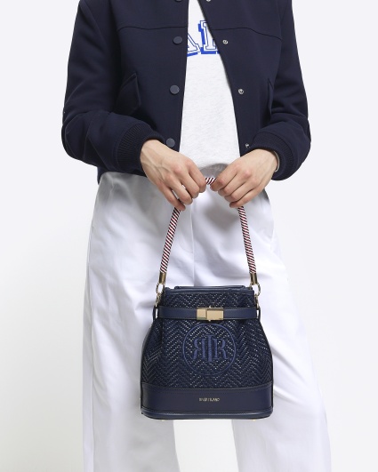 Navy weave embroidered bucket cross body bag