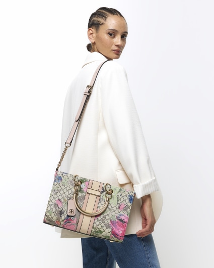 Beige floral tote bag