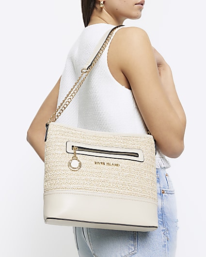 Cream raffia chain cross body bag