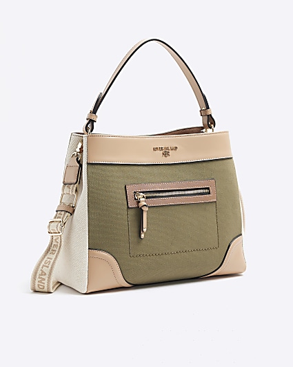 Khaki canvas zip pocket cross body bag