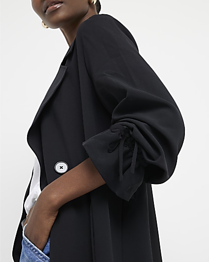 Black tie cuff belted duster coat