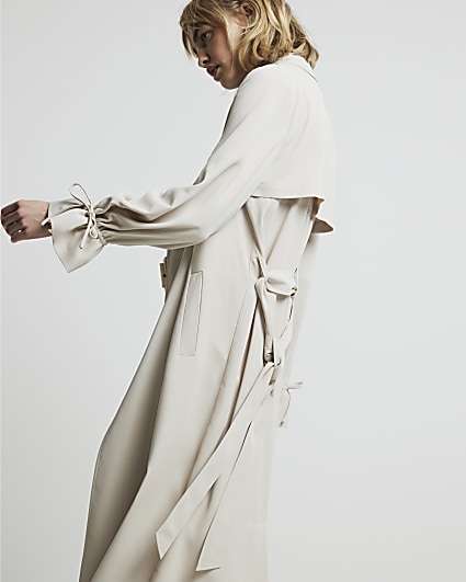 Cream tie cuff belted duster coat