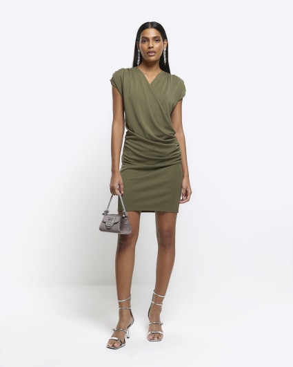 Khaki drape wrap bodycon mini dress