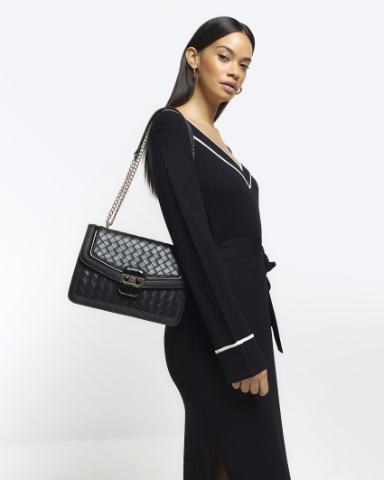 Black embossed weave shoulder bag