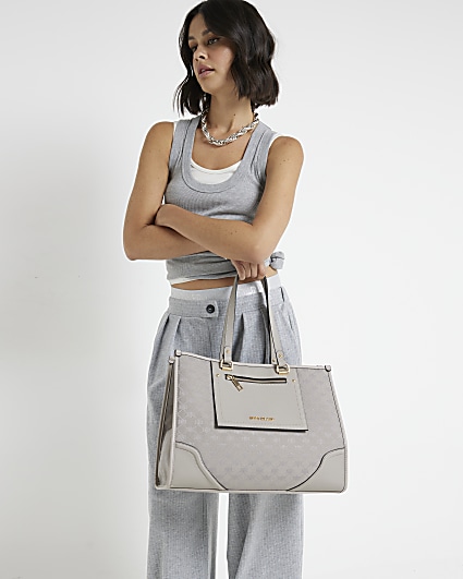 Grey jacquard monogram shopper bag