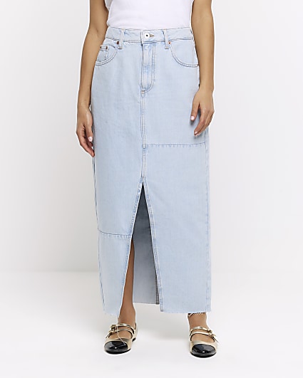 Petite blue seamed denim maxi skirt