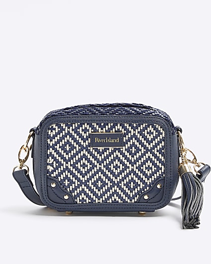 Navy Geometric Woven Cross Body Bag