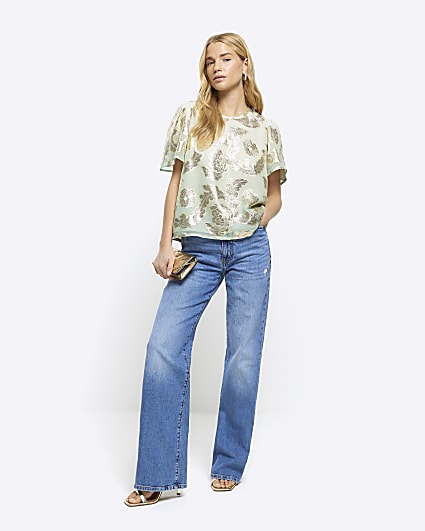 River Island floral volume sleeve button front blouse in blue