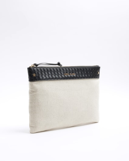 Cream weave trim canvas pouchette bag