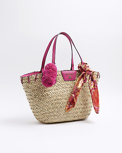 Pink straw scarf beach tote bag