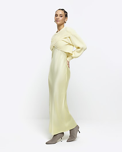 Yellow satin hybrid slip midi dress