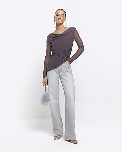 Grey mesh ruched long sleeve top