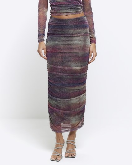 Purple abstract ruched maxi skirt