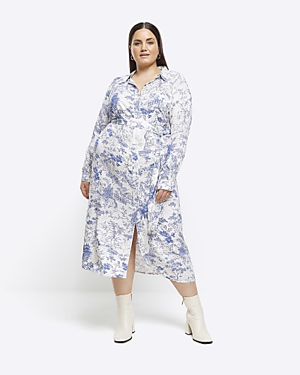 Plus blue floral belted midi shirt dress