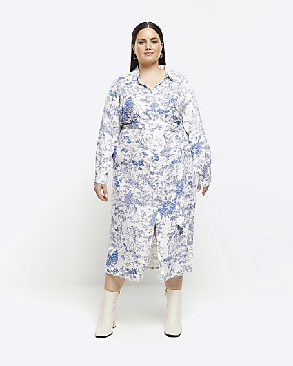 Plus blue floral belted midi shirt dress