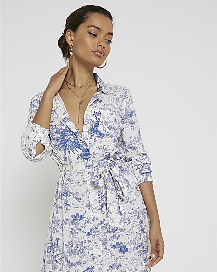 Petite blue floral belted midi shirt dress